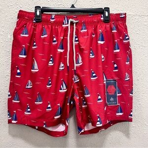 Rainforest Red with Nautical Print Mens Swim Trunks NWOT L